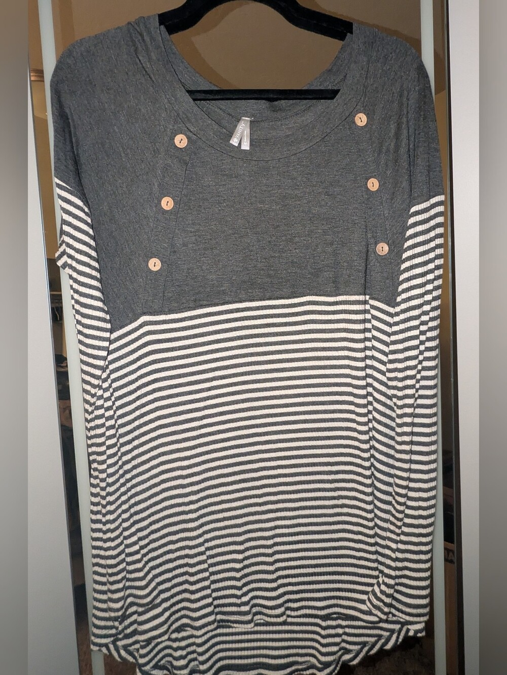 Vanity Gray & White Striped Long-Sleeve Top with Button Detail